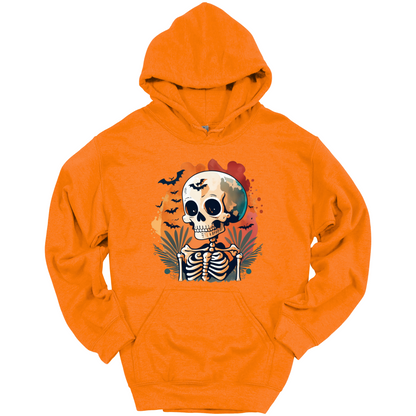 Orange hoodie with a Halloween-themed design featuring a skull and skeleton surrounded with bats.