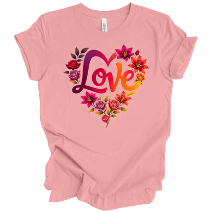 Pink colour valentines day t-shirt with the a design of 'Love' wording and surrounded floral design, front printed.