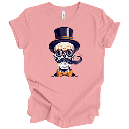 Pink halloween t-shirt with a skull wearing a top hat, glasses, and bow tie.