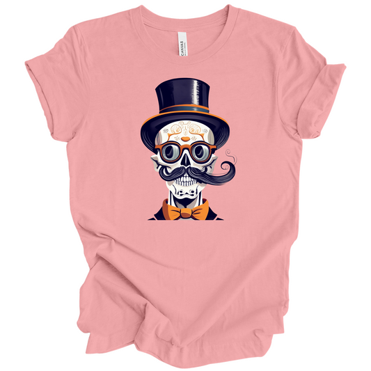 Pink halloween t-shirt with a skull wearing a top hat, glasses, and bow tie.
