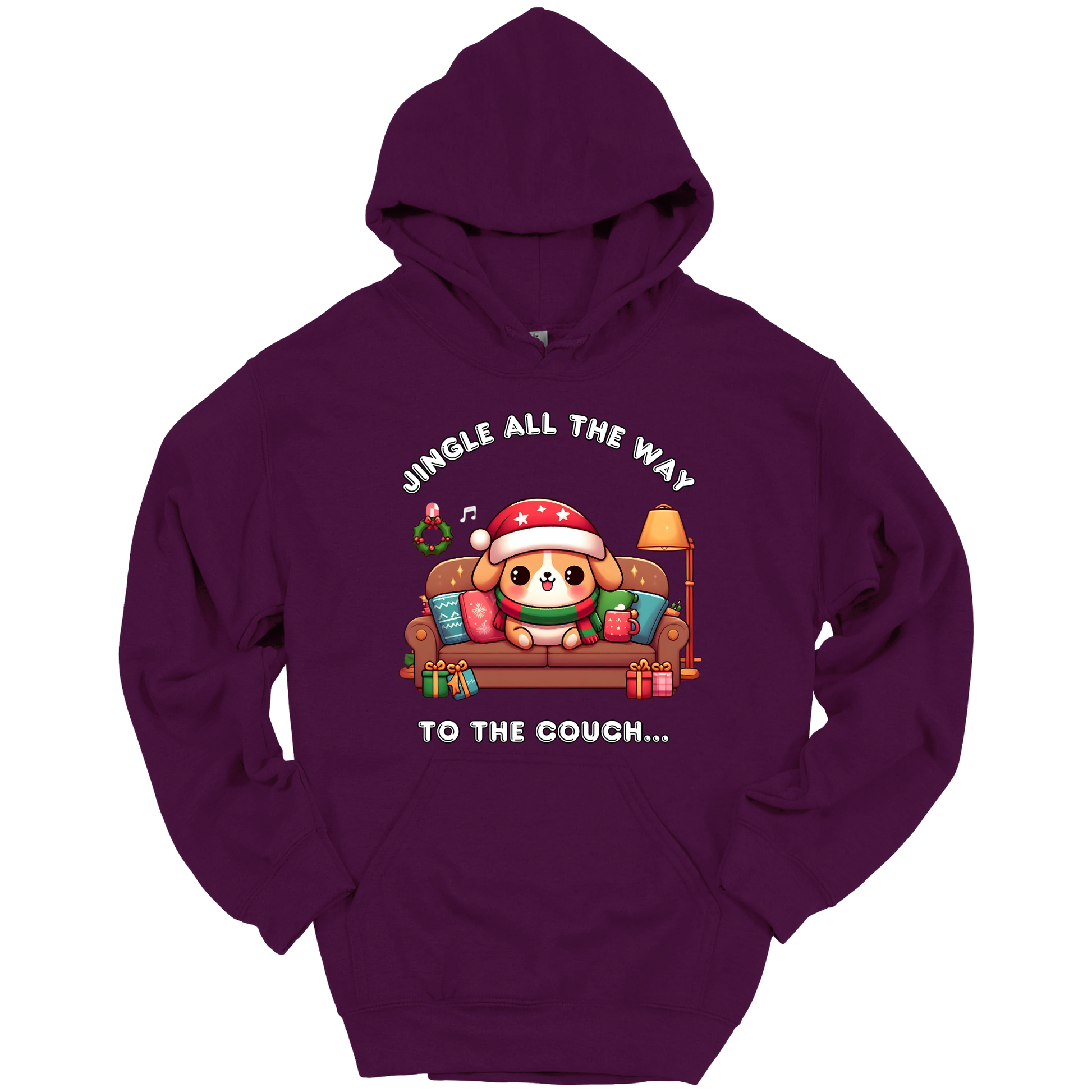 Purple hoodie with Christmas-themed design of a dog on a couch and text 'Jingle all the way to the couch'.