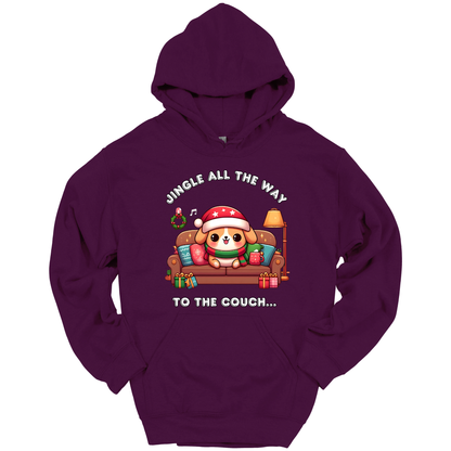 Purple hoodie with Christmas-themed design of a dog on a couch and text 'Jingle all the way to the couch'.