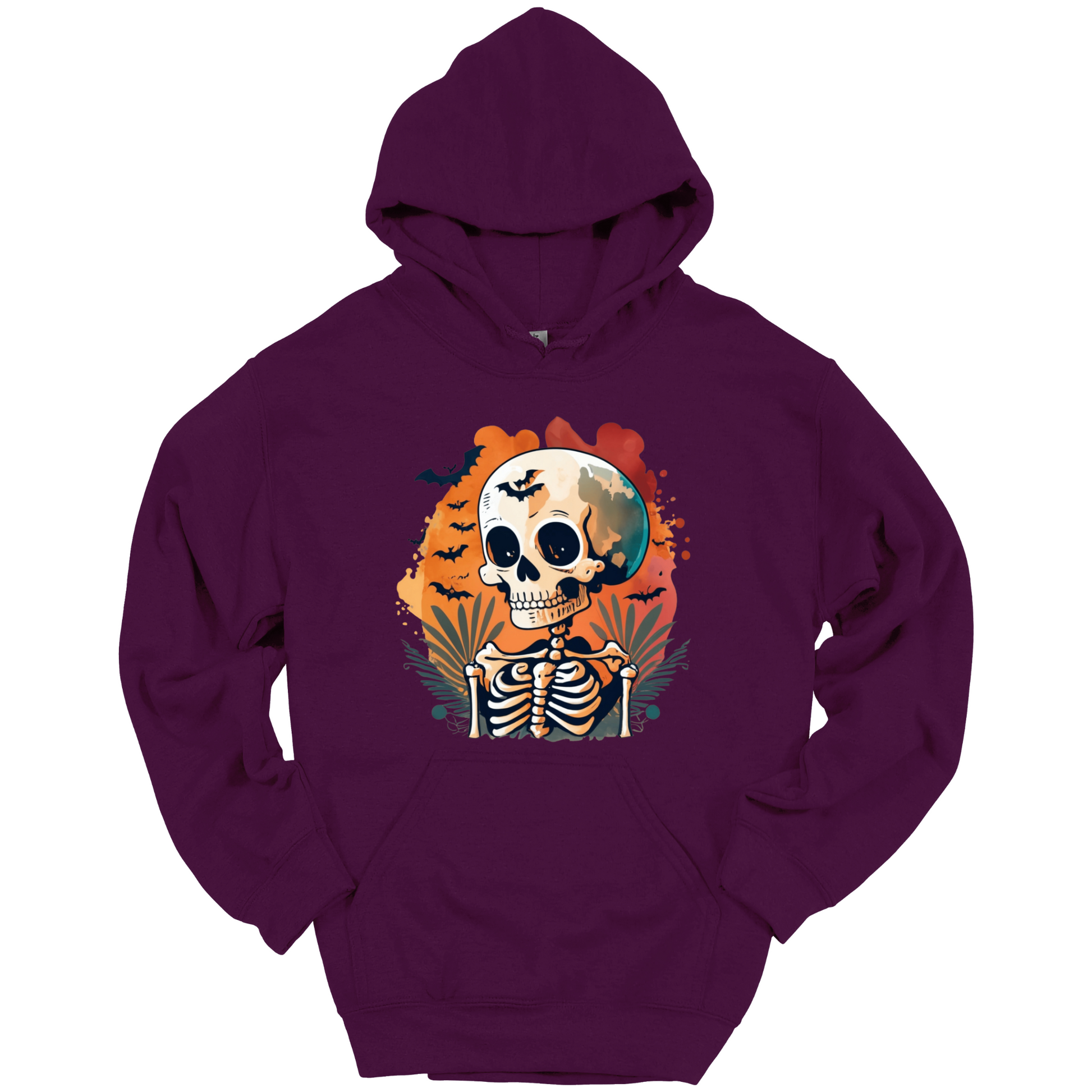 Purple hoodie with a Halloween-themed design featuring a skull and skeleton surrounded with bats.