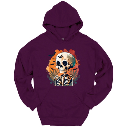 Purple hoodie with a Halloween-themed design featuring a skull and skeleton surrounded with bats.