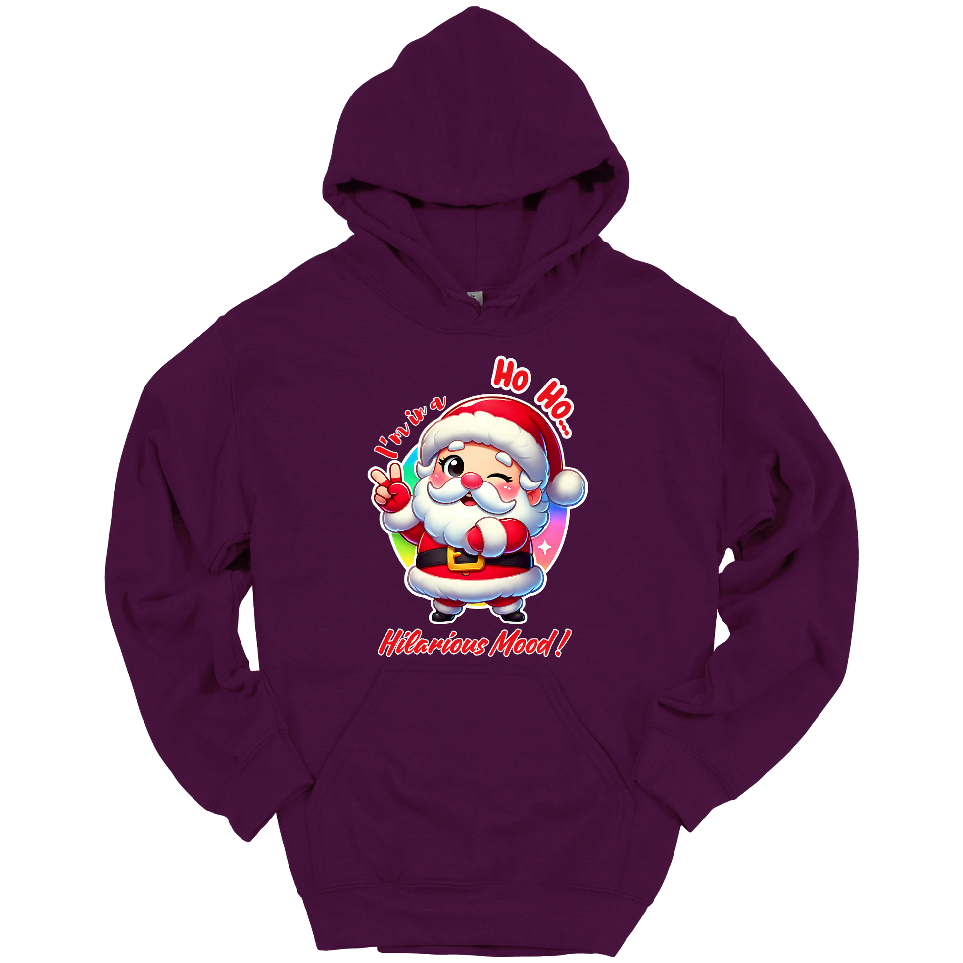 Purple Christmas hoodie with a cartoon Santa Claus design