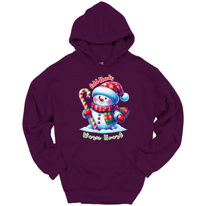Purple Christmas hoodie with a snowman graphic with a text "Cold Hands Warm Hearts"