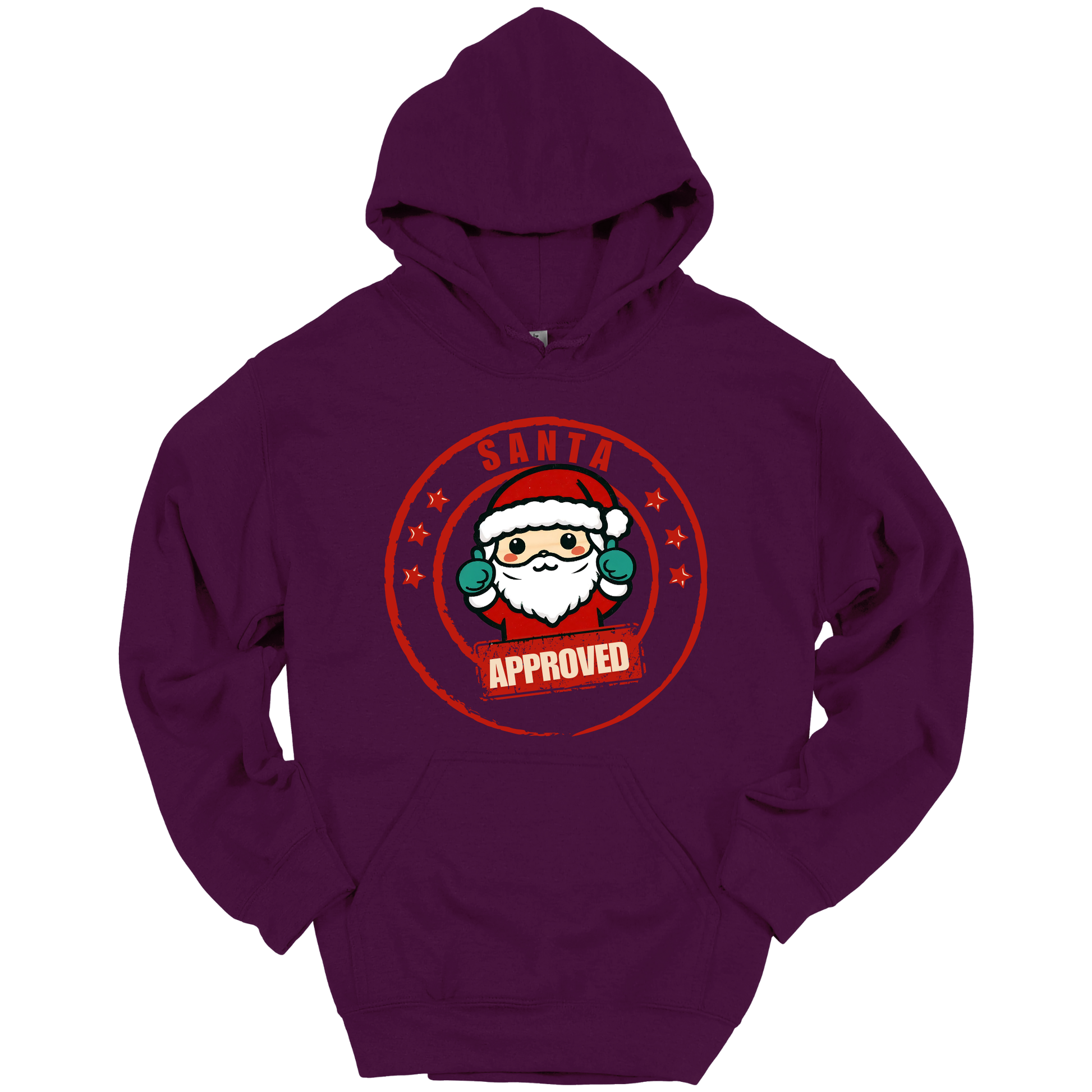 Purple Christmas hoodie with a Santa Claus graphic and 'Approved' text.
