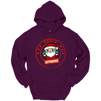 Purple Christmas hoodie with a Santa Claus graphic and 'Approved' text.