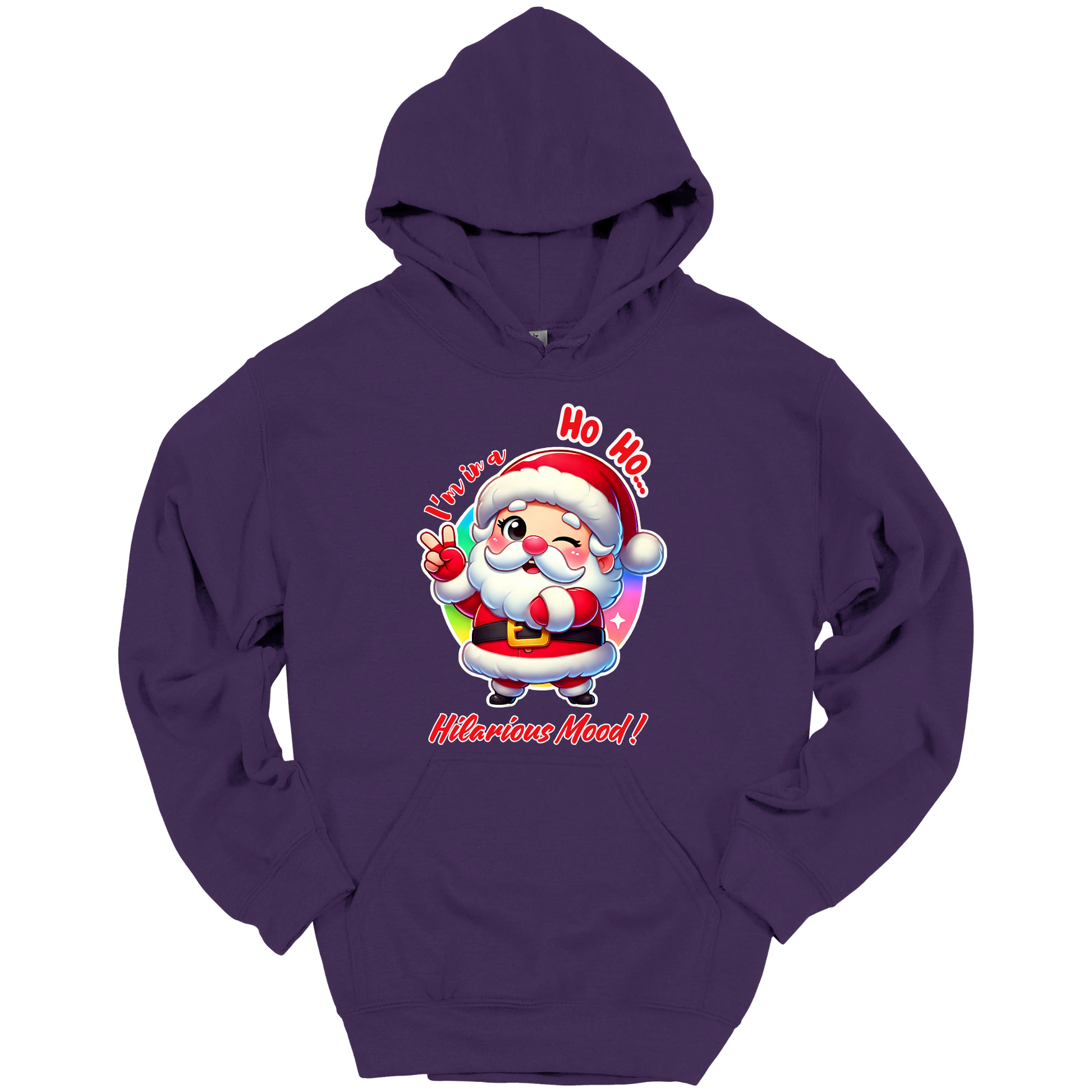 Purple Christmas hoodie with a cartoon Santa Claus design