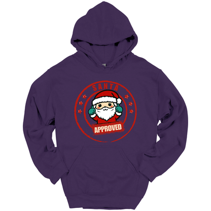 Purple Christmas hoodie with a Santa Claus graphic and 'Approved' text.