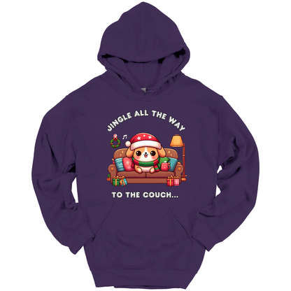 Purple hoodie with Christmas-themed design of a dog on a couch and text 'Jingle all the way to the couch'.