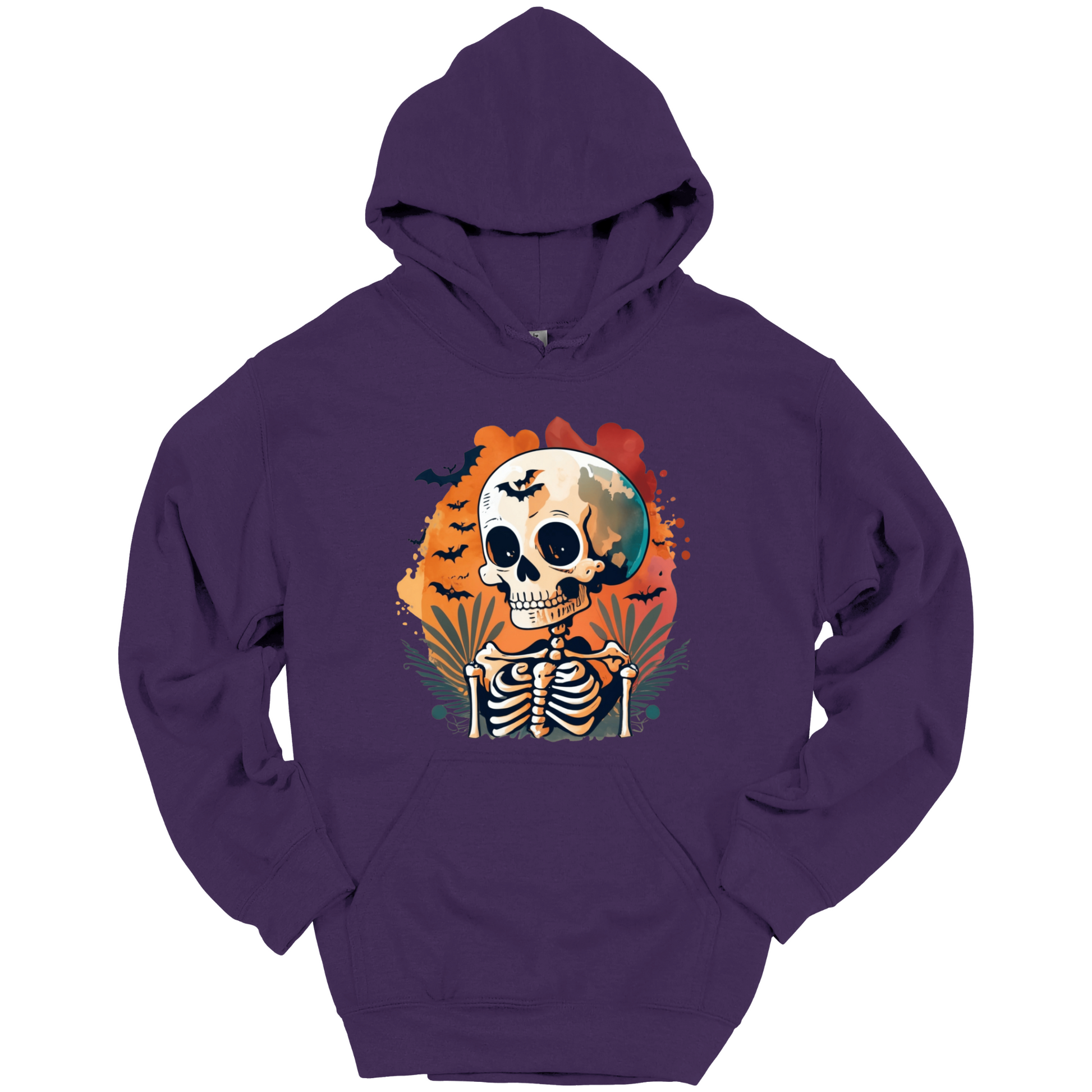 Purple hoodie with a Halloween-themed design featuring a skull and skeleton surrounded with bats.