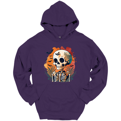Purple hoodie with a Halloween-themed design featuring a skull and skeleton surrounded with bats.