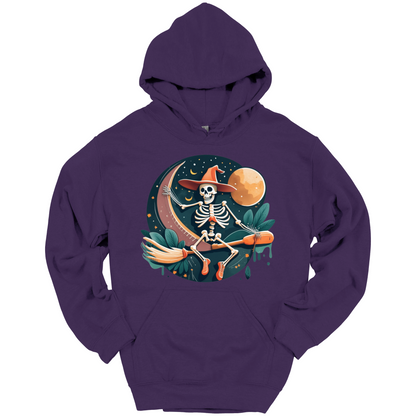 Purple halloween hoodie with a skeleton on a broomstick wearing a witch hat in the night time.