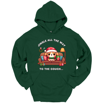 Green hoodie with Christmas design of a dog on a couch and text 'Jingle all the way to the couch'.