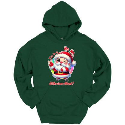 Green Christmas hoodie with a cartoon Santa Claus design
