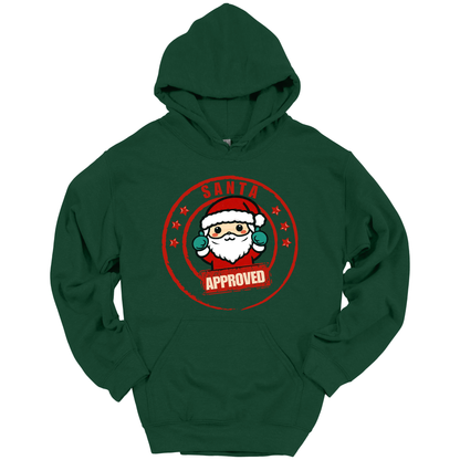 Green Christmas hoodie with a Santa Claus graphic and 'Approved' text.