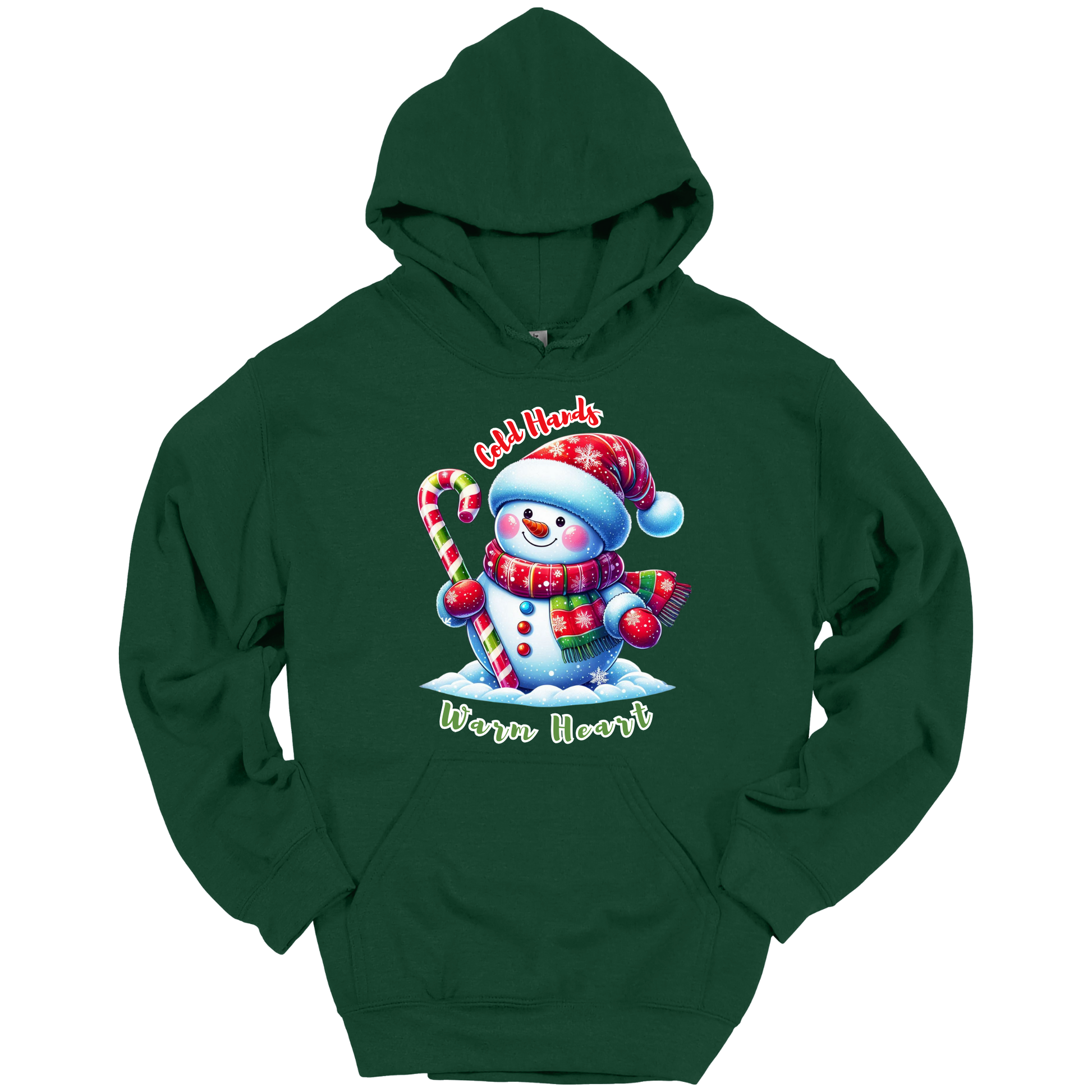 Green Christmas hoodie with a snowman graphic with a text "Cold Hands Warm Hearts"