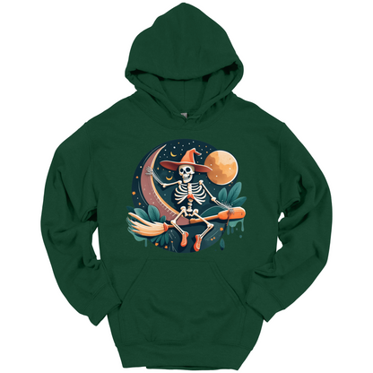Green halloween hoodie with a skeleton on a broomstick wearing a witch hat in the night time.