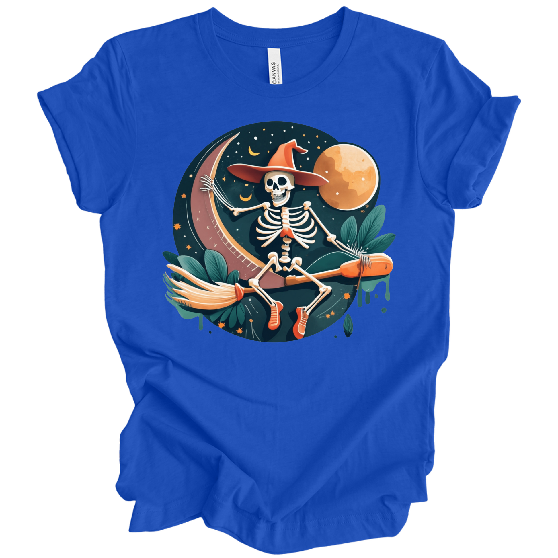Blue halloween t-shirt with a skeleton on a broomstick wearing a witch hat in the night time.