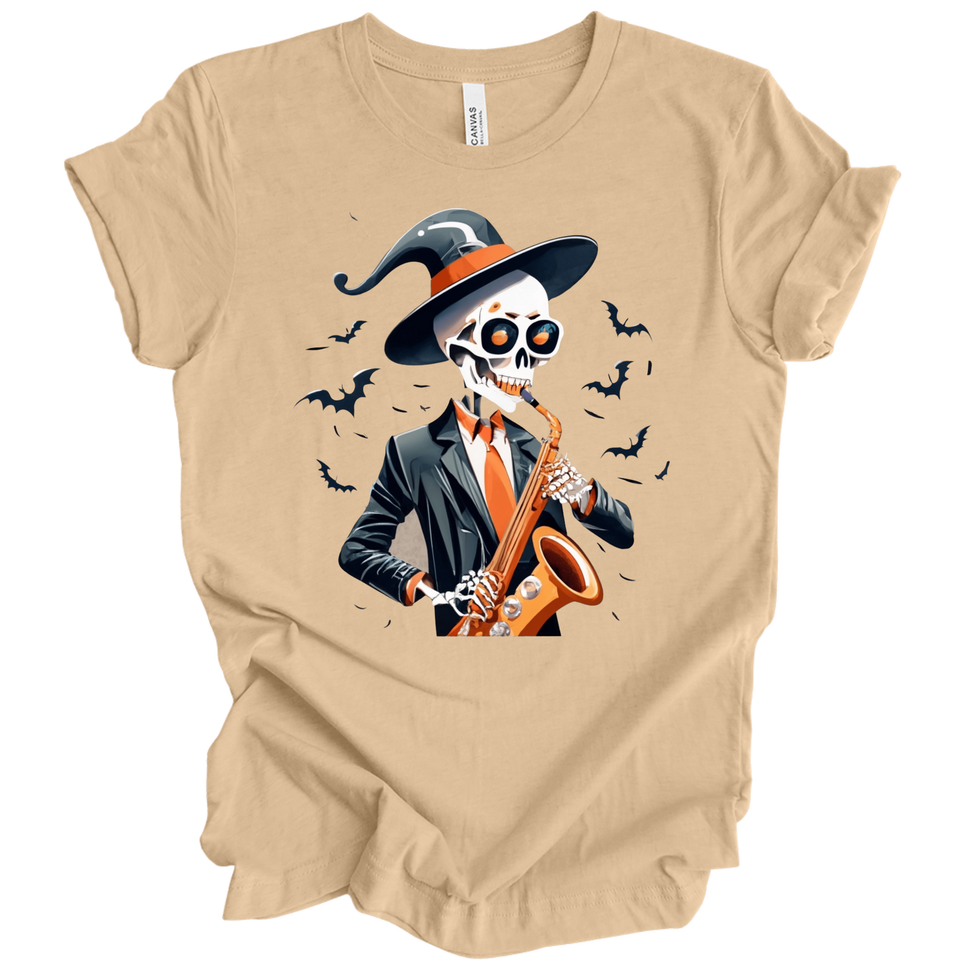 Beige halloween t-shirt with a skeleton playing a saxophone and wearing a witch hat, surrounded by bats.