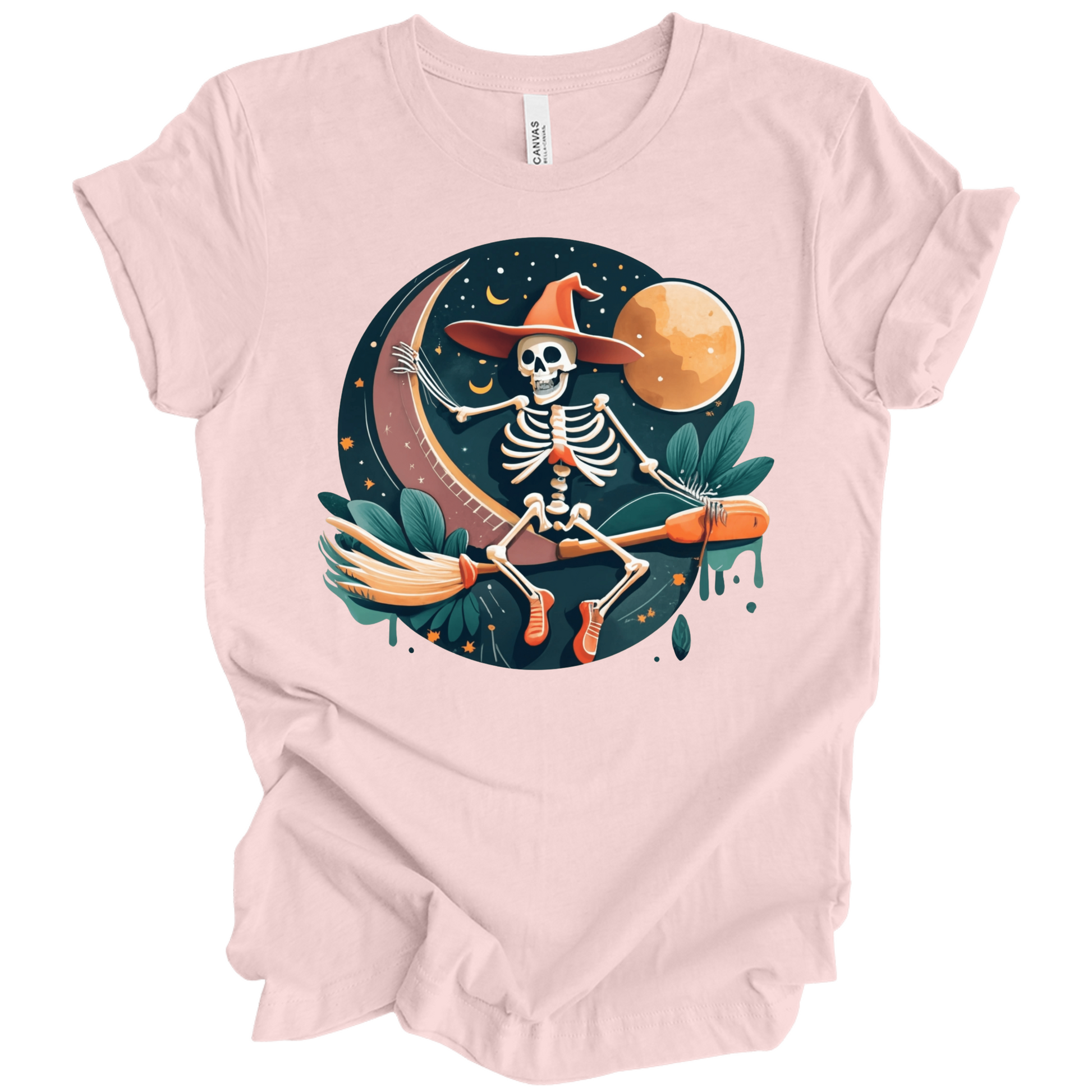 Pink halloween t-shirt with a skeleton on a broomstick wearing a witch hat in the night time.
