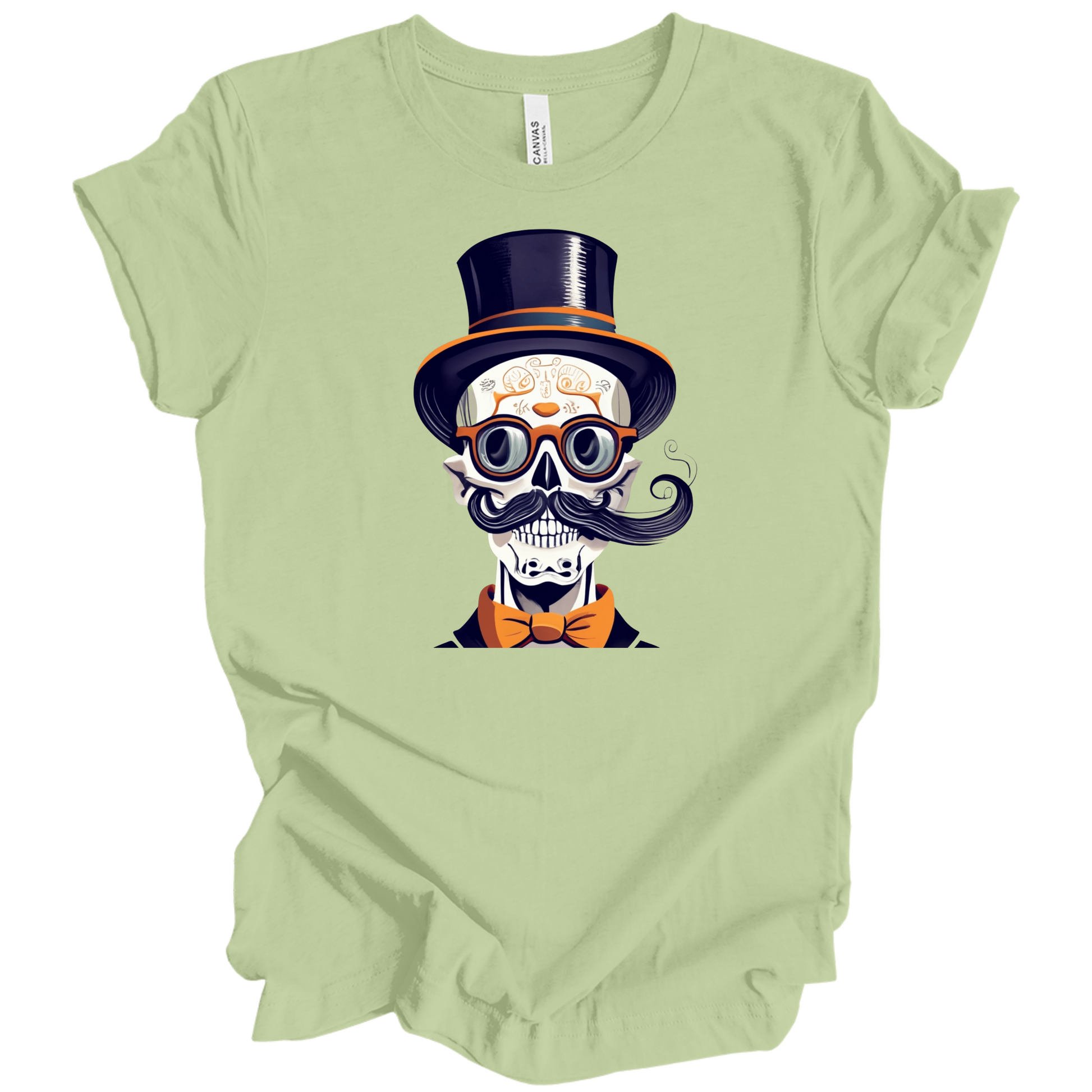 Light green halloween t-shirt with a skull wearing a top hat, glasses, and bow tie.