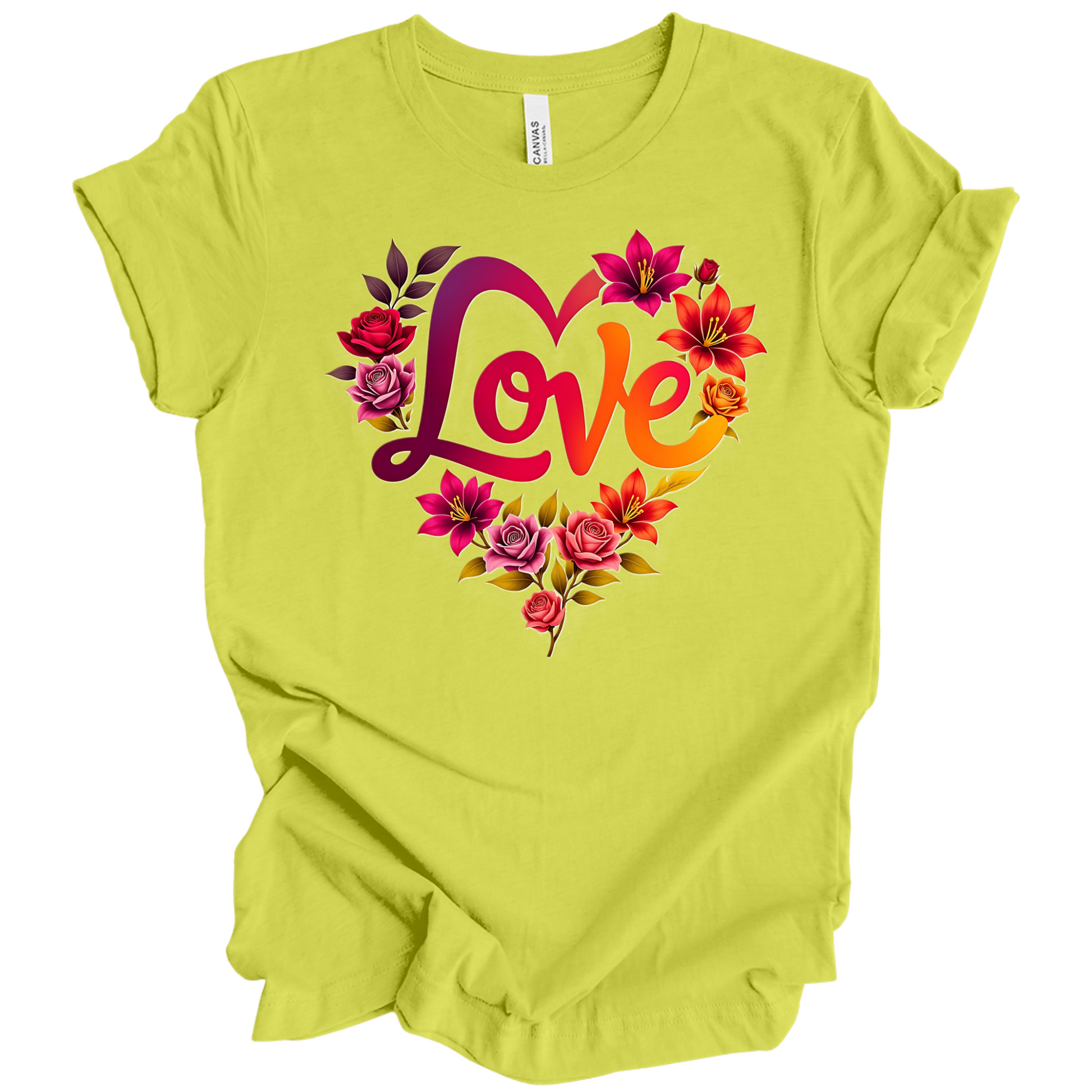 Strobe colour valentines day t-shirt with the a design of 'Love' wording and surrounded floral design, front printed.