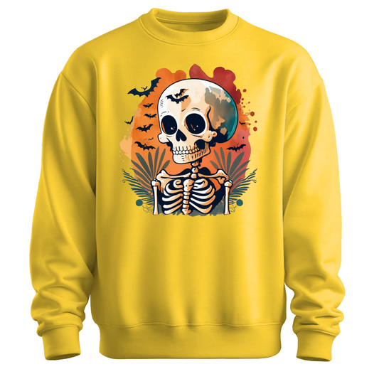 Yellow sweatshirt with a Halloween-themed design featuring a skeleton and skull surrounded with bats.