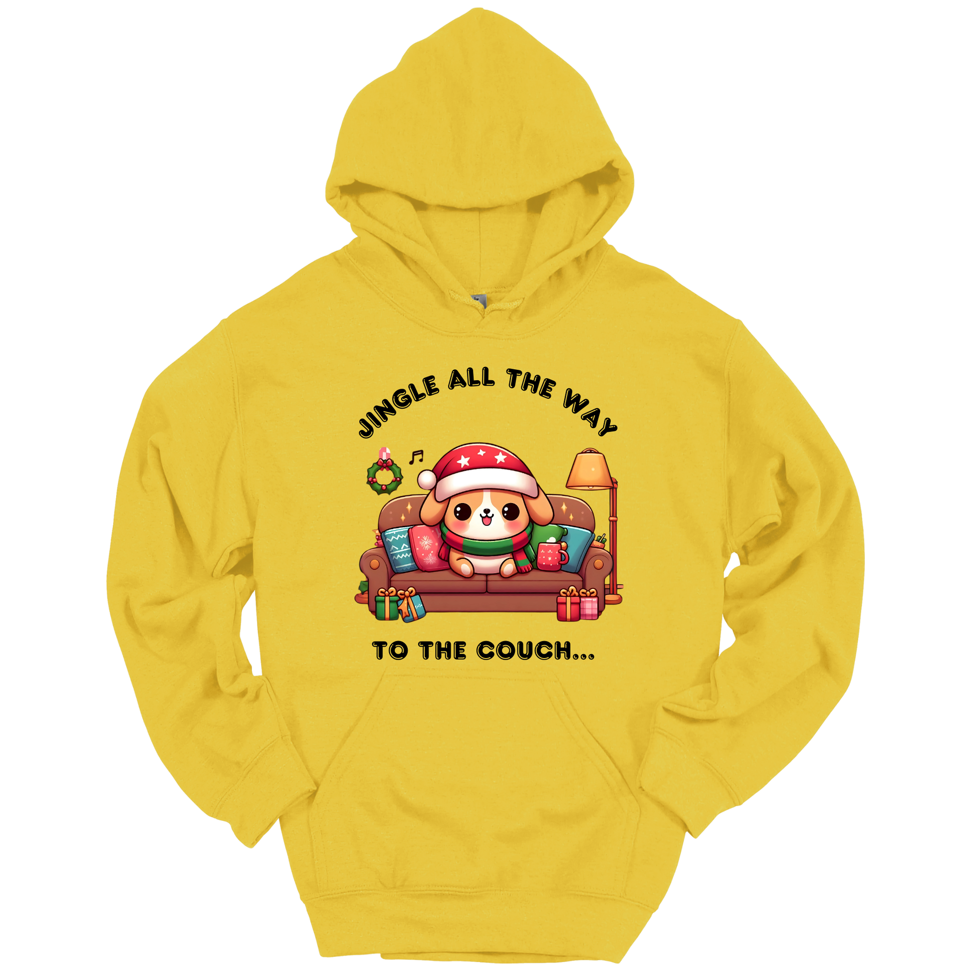 Yellow hoodie with Christmas-themed design of a dog on a couch and text 'Jingle all the way to the couch'.