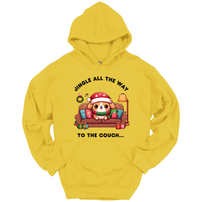 Yellow hoodie with Christmas-themed design of a dog on a couch and text 'Jingle all the way to the couch'.