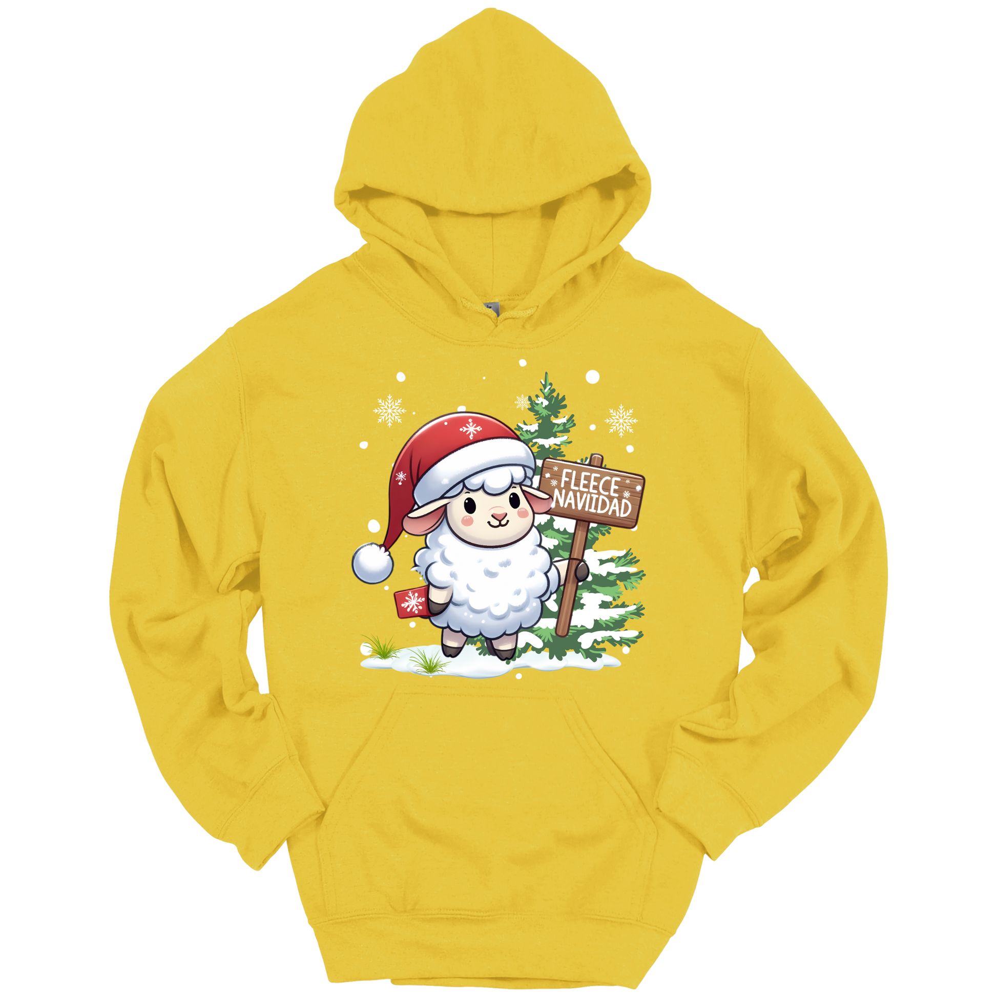 Yellow Christmas hoodie with a Christmas-themed design featuring a sheep in a Santa hat and a sign.