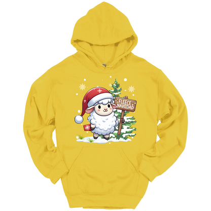 Yellow Christmas hoodie with a Christmas-themed design featuring a sheep in a Santa hat and a sign.