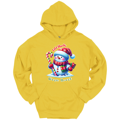 Yellow Christmas hoodie with a snowman graphic with a text "Cold Hands Warm Hearts"