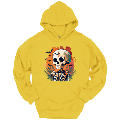Yellow hoodie with a Halloween-themed design featuring a skull and skeleton surrounded with bats.
