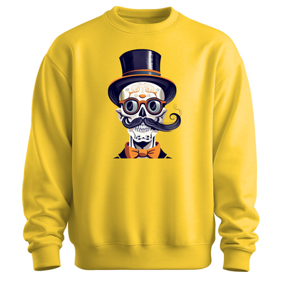 Yellow halloween sweatshirt with a skull wearing a top hat, glasses and a bow tie.