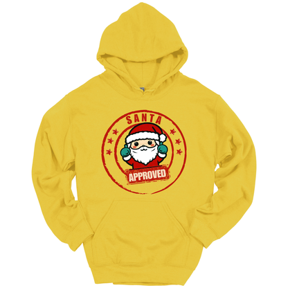 Yellow Christmas hoodie with a Santa Claus graphic and 'Approved' text.