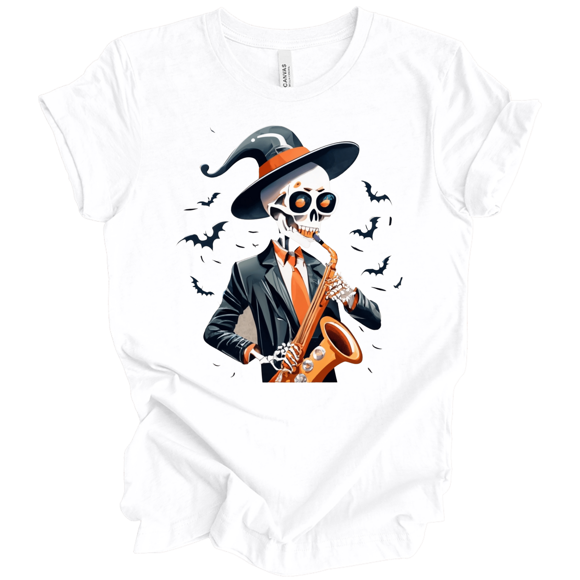 White halloween t-shirt with a skeleton playing a saxophone and wearing a witch hat, surrounded by bats.