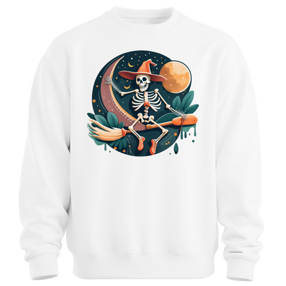 White halloween sweatshirt with a skeleton on a broomstick wearing a witch hat in the night time.