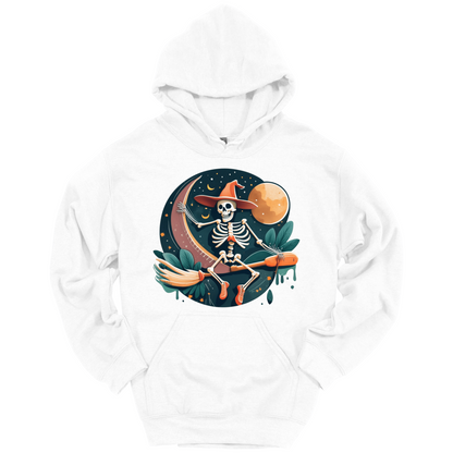 White halloween hoodie with a skeleton on a broomstick wearing a witch hat in the night time.
