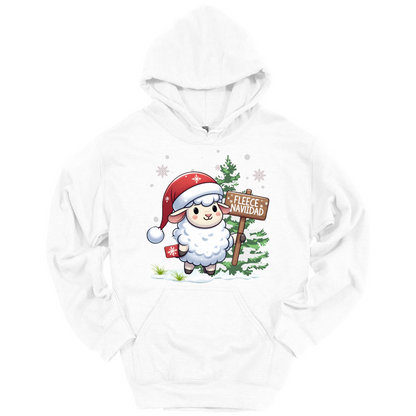 White Christmas hoodie with a Christmas-themed design featuring a sheep in a Santa hat and a sign.