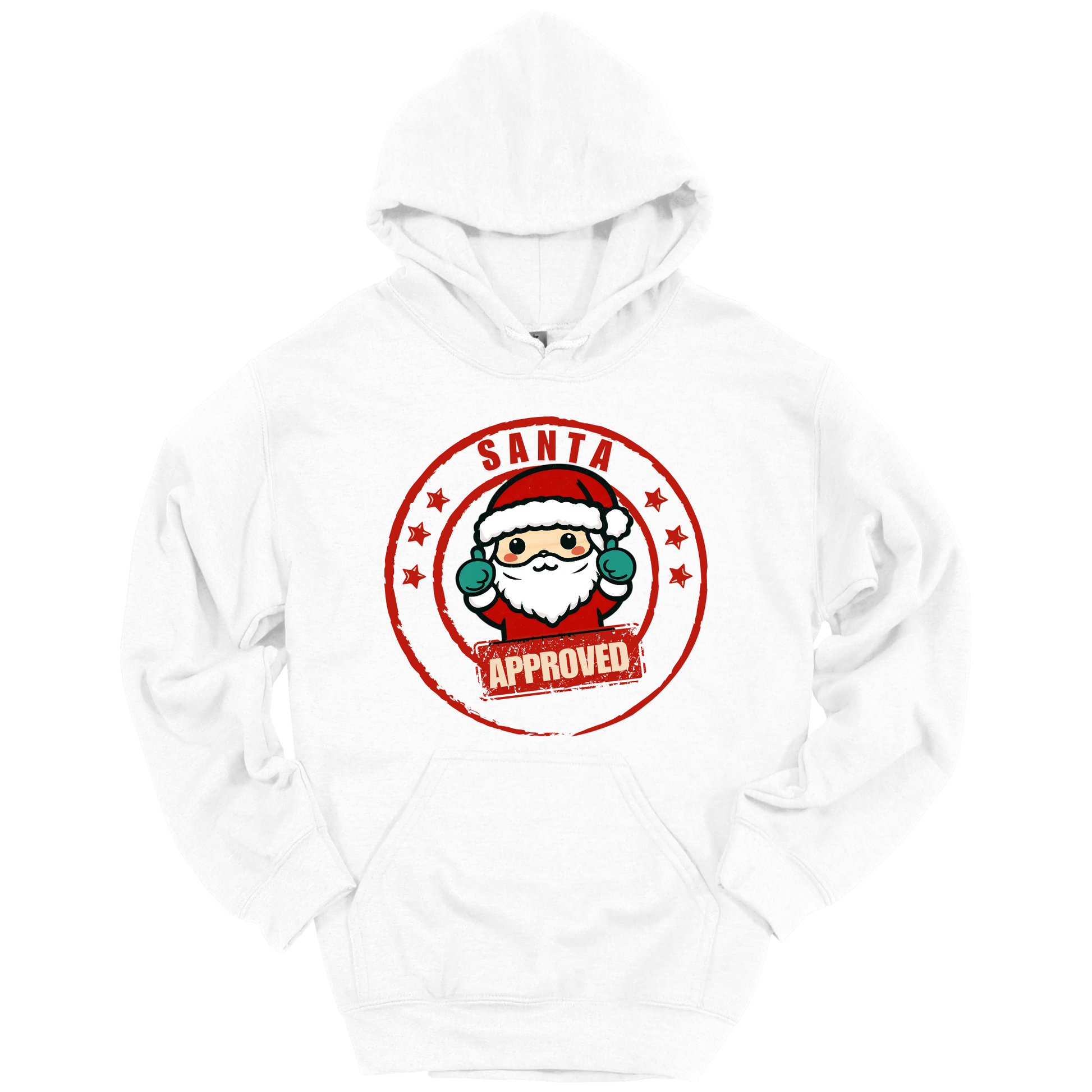White Christmas hoodie with a Santa Claus graphic and 'Approved' text.