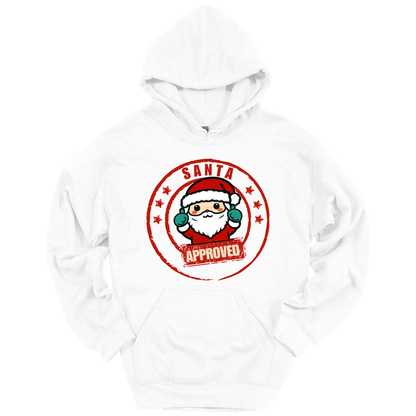 White Christmas hoodie with a Santa Claus graphic and 'Approved' text.