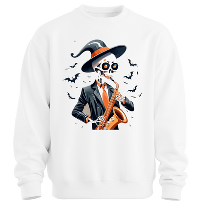 White halloween sweatshirt with a skeleton playing a saxophone and wearing a witch hat, surrounded by bats.
