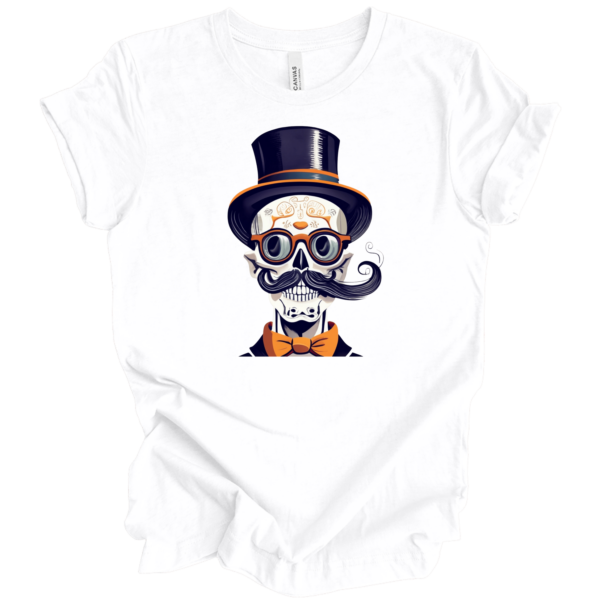 White halloween t-shirt with a skull wearing a top hat, glasses, and bow tie.