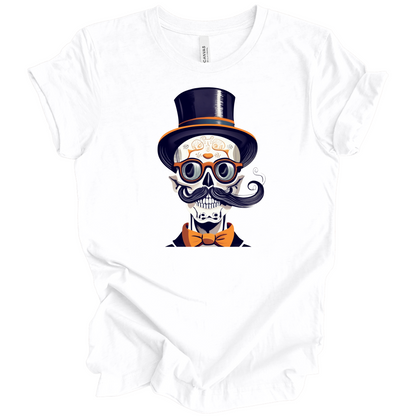 White halloween t-shirt with a skull wearing a top hat, glasses, and bow tie.