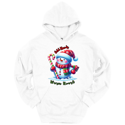 White Christmas hoodie with a snowman graphic with a text "Cold Hands Warm Hearts"